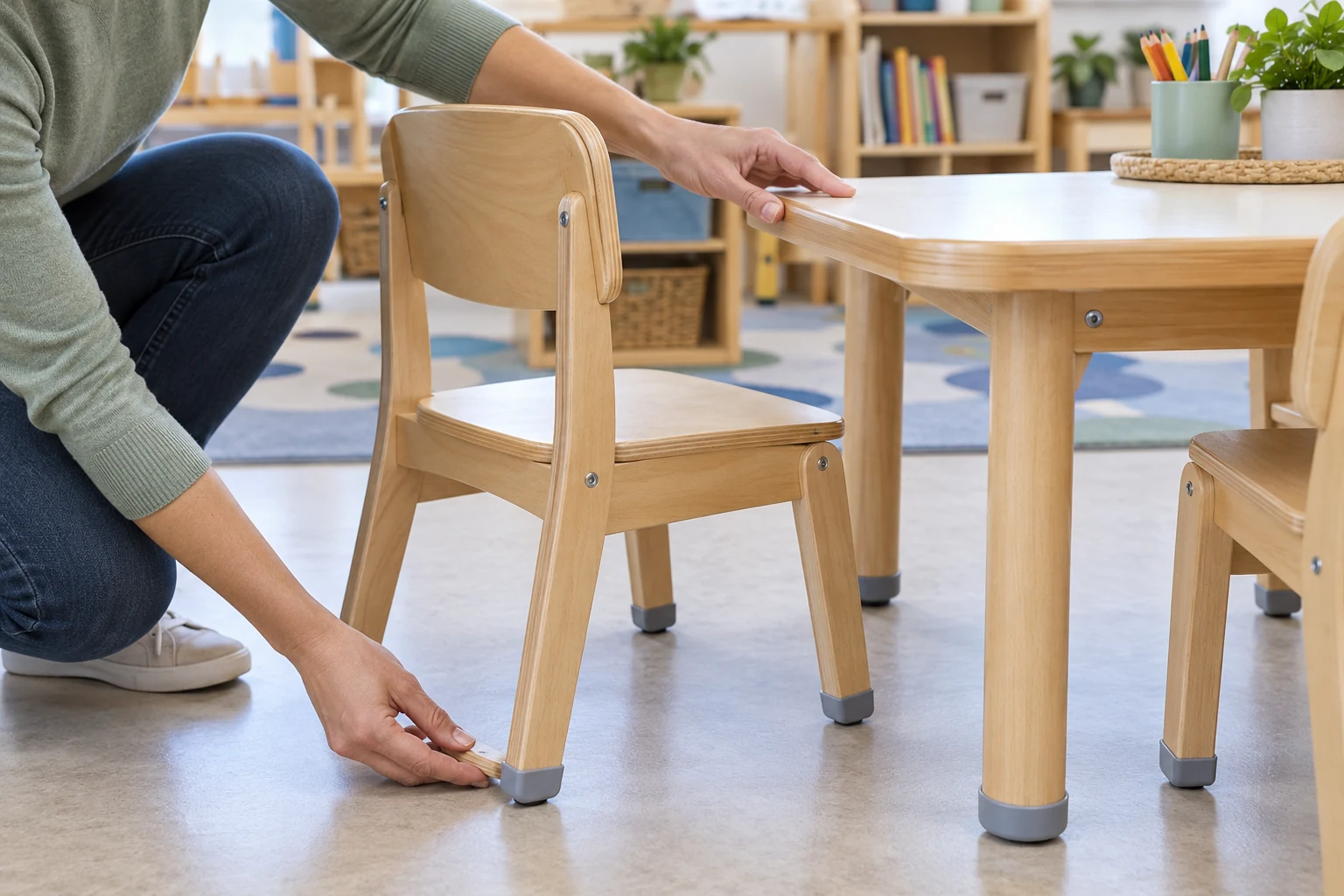 Adult inspecting the joint and floor glide of a preschool chair beside a child-sized table