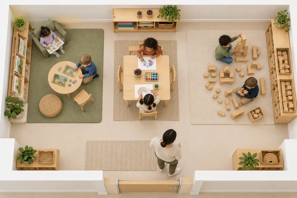Overhead view of reading and puzzle space, art table and block area in one preschool room