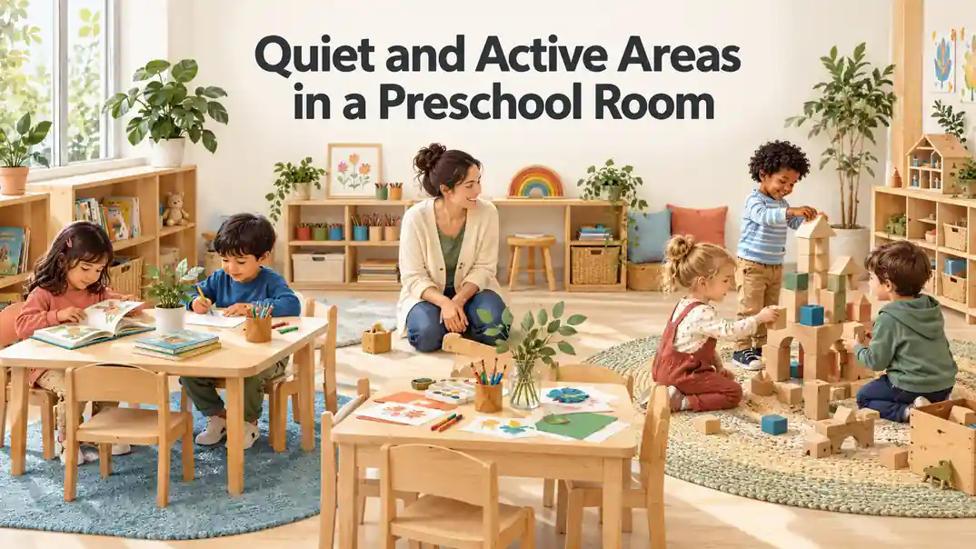 Quiet and active areas in a preschool room with reading, art and block play in one supervised space