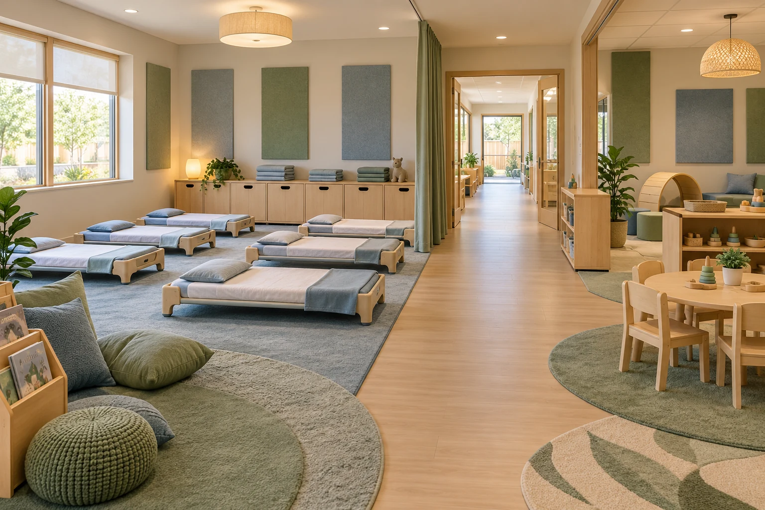 Quiet sleep room with child cots low storage and a clear adult walking route