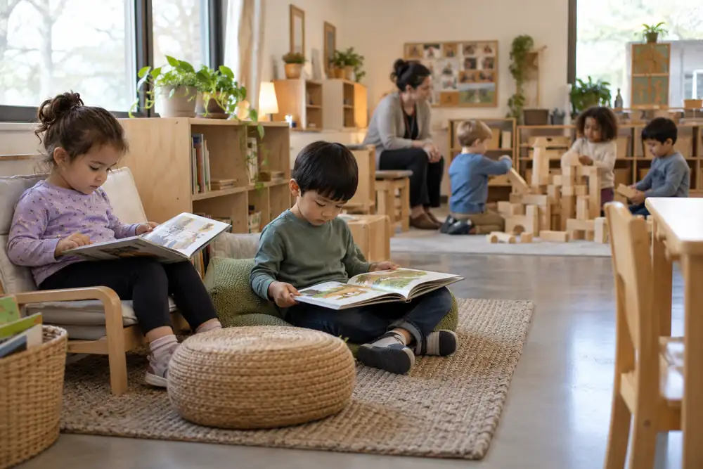 Children read picture books while another group builds blocks within an adult's view