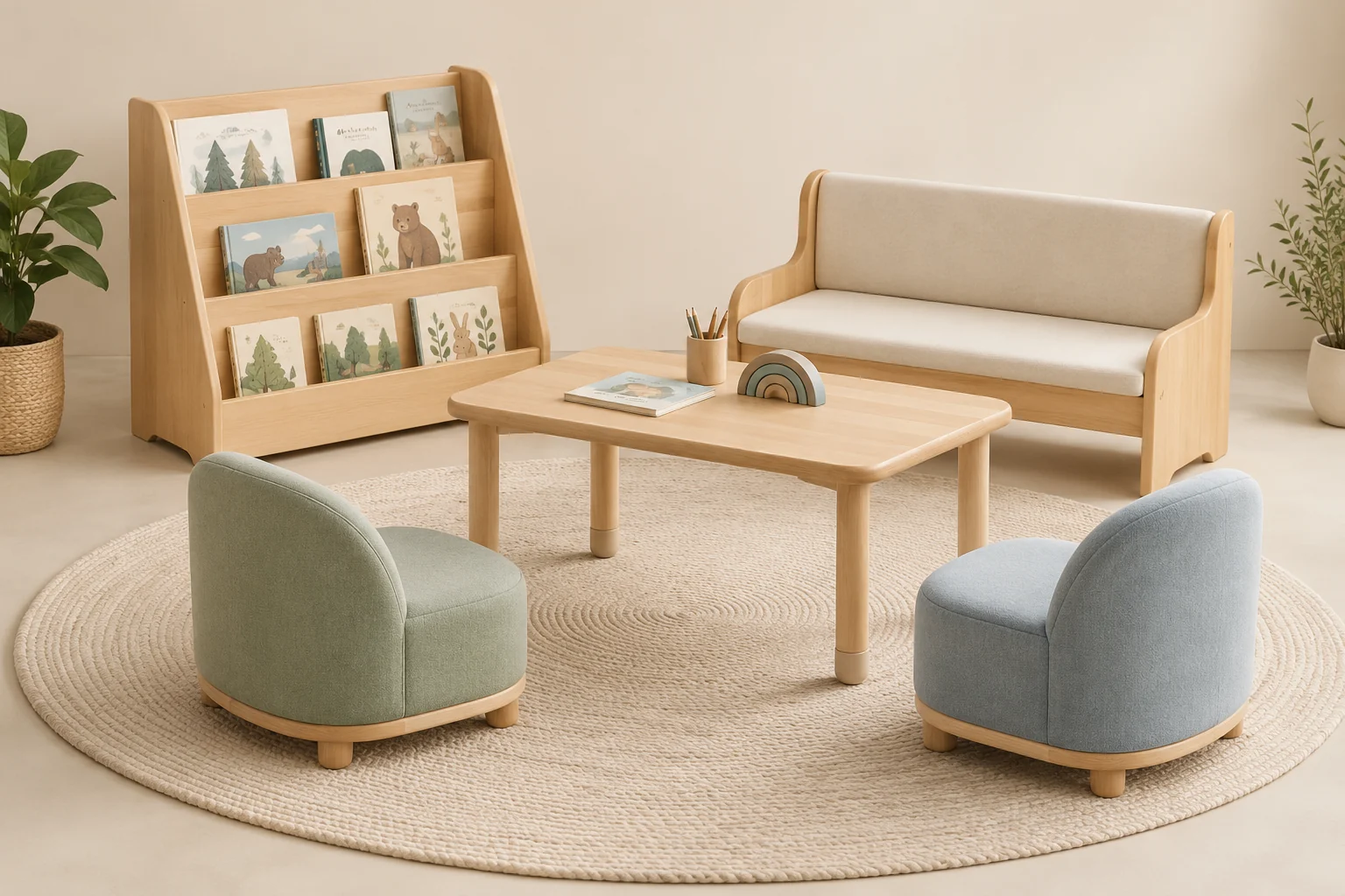 Compact daycare reading area furniture with a low book display, bench, seats, and table