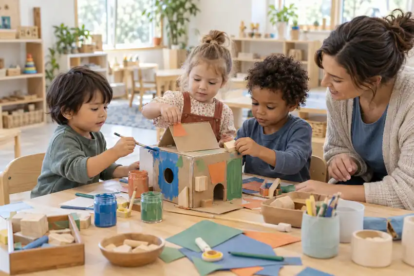 Children turning a cardboard model into a creative STEAM project