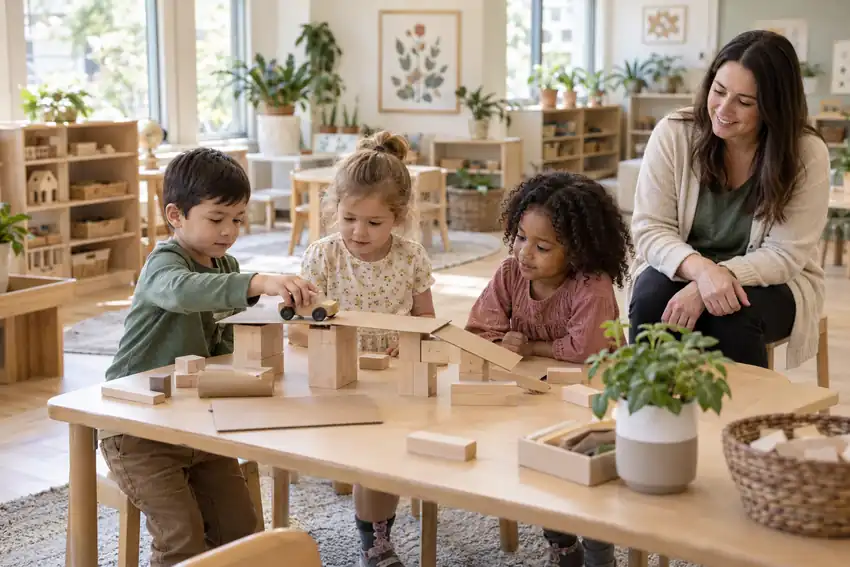 Children testing a bridge with wooden blocks in a preschool STEM activity
