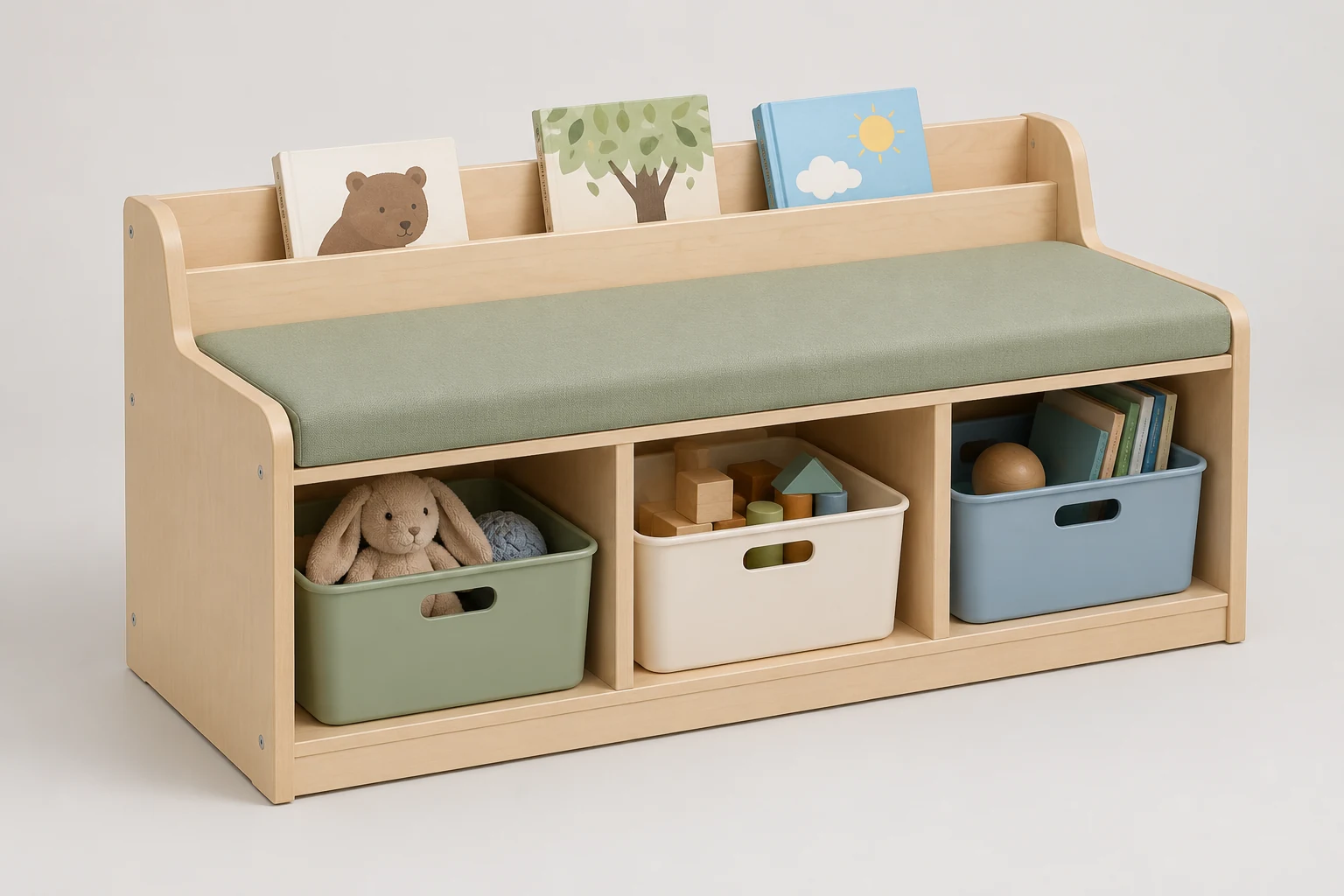 Low daycare storage bench with seating, bins, and a book ledge