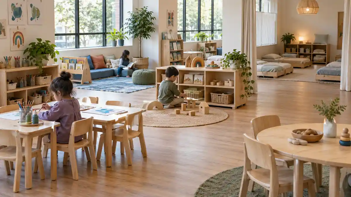 Preschool classroom with art, reading, storage, and table zones using natural wood furniture