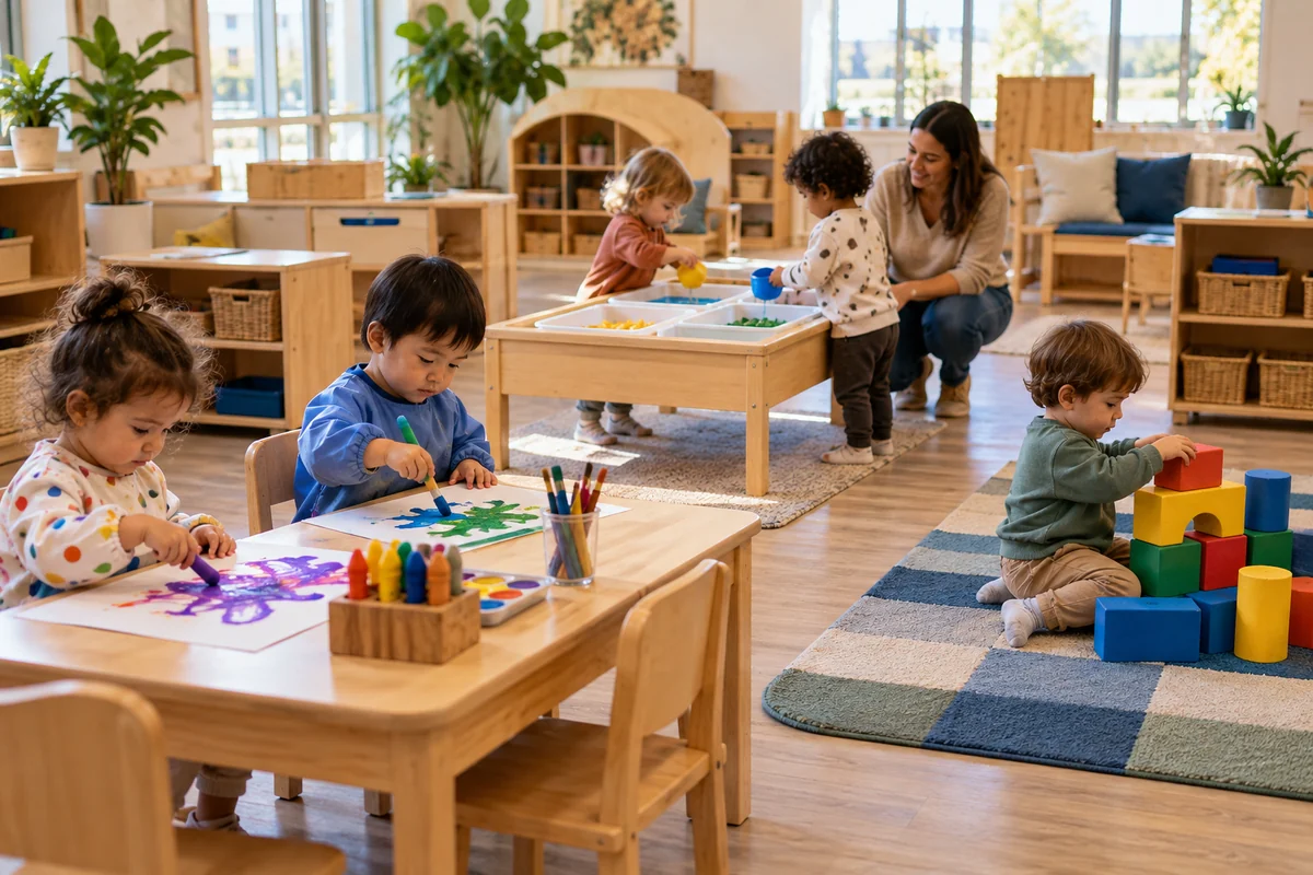 Toddler classroom with art sensory and block activity zones