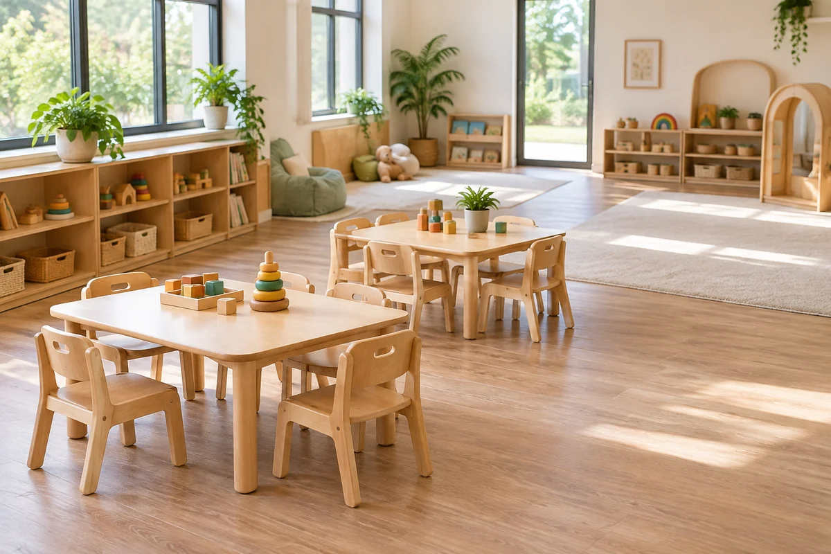 Toddler room with low tables chairs and open shelves