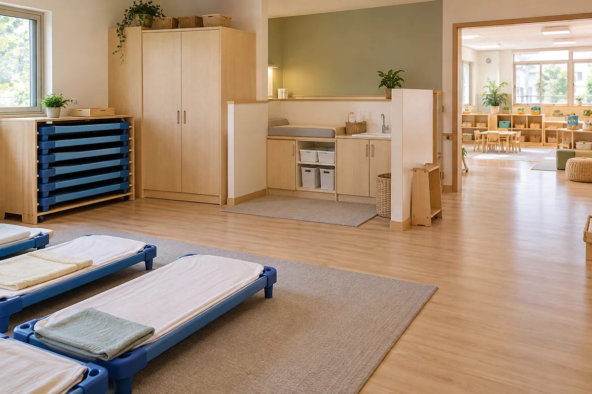 Toddler room rest area with cots care storage and clear staff route