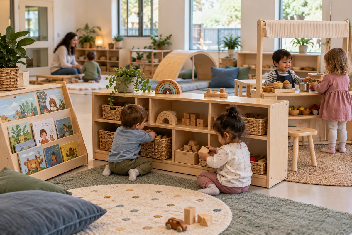 Toddler room with low storage book display and dramatic play furniture